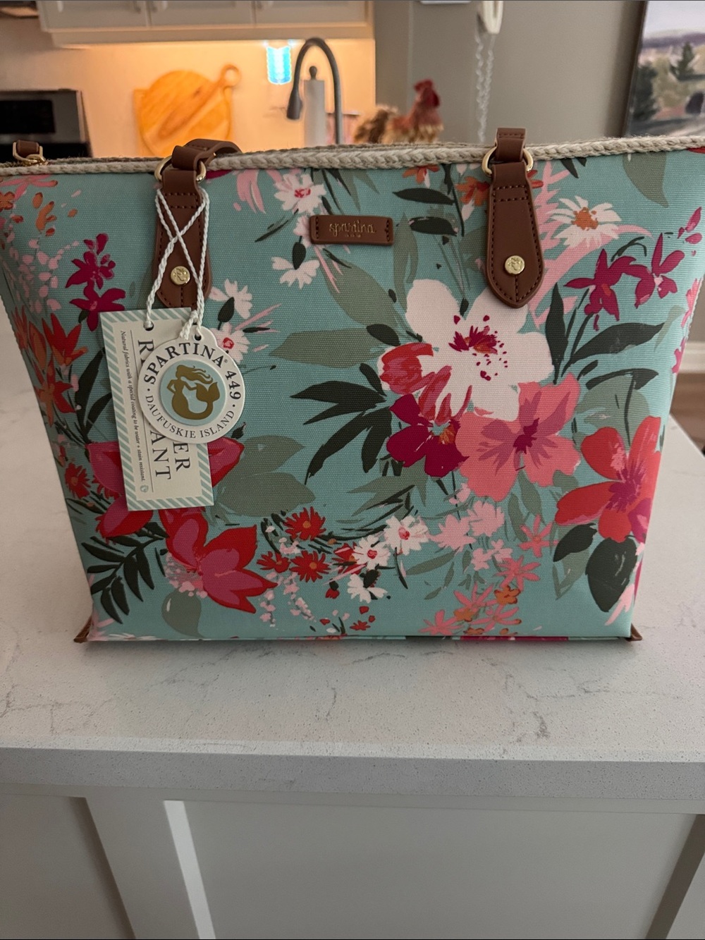 Spartina 449 Seafoam Floral Tote with Pink & Red Accents